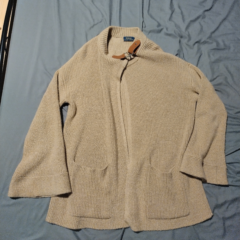 Polo Ralph Lauren Fine Merino Wool Leather Buckle Long Oversized Cardigan Sz S